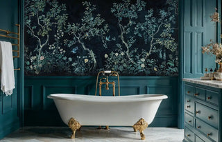 Oriental birds and flowers wallpaper on teal background, shown in elegant bathroom with white clawfoot tub