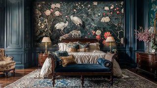 Oriental crane wall mural with blooming peonies displayed in sophisticated bedroom with teal paneling