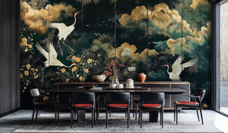 Oriental crane wallpaper featuring teal sky and gold elements, displayed in modern dining room with wooden table