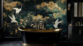 Oriental crane wallpaper with floral motifs, displayed in luxury bathroom with gold-rimmed black bathtub