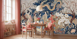 Oriental dragon geisha wallpaper in navy and gold, shown in cozy dining nook with wooden table and pink accents