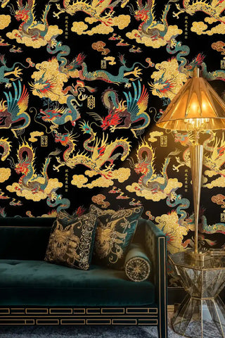Oriental dragon wall mural with golden clouds, featured in luxurious living room with brass lamp