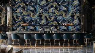 Oriental dragon wallpaper with intricate gold details and celestial motifs, featured in upscale bar with modern stools