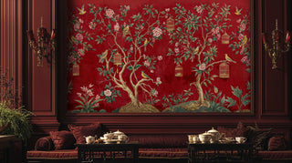 Oriental floral wall mural featuring peonies and songbirds in traditional dining room with mahogany furniture