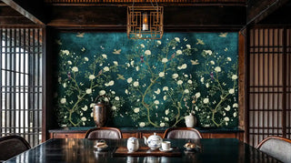 Oriental floral wall mural with golden birds, displayed in traditional dining room with wooden screens