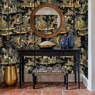 Oriental garden scene wallpaper with golden details, displayed in entryway with round mirror