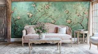 Oriental garden Wall Mural featuring songbirds and pink flowers, shown in rustic living room with antique settee