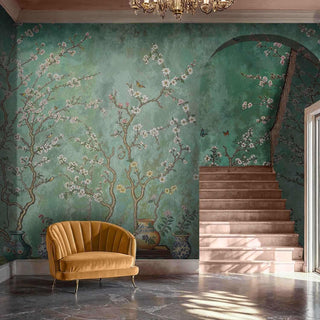 Oriental garden wallpaper featuring blossoming branches and ornate vases, showcased in sophisticated foyer with archway