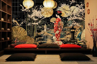 Oriental garden wallpaper featuring geisha in red kimono shown in minimalist room with floor cushions