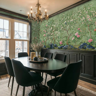 Oriental garden wallpaper with delicate blossoms and birds, shown in sophisticated dining room with brass chandelier