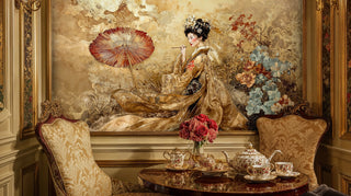 Oriental geisha wallpaper in gold tones shown in luxurious traditional sitting room with tea service