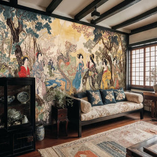 Oriental goddess dragon wall mural in warm tones, featured in elegant living space with decorative pottery display