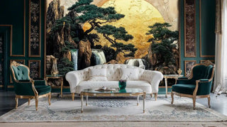 Oriental landscape wall mural featuring waterfalls and golden clouds, shown in formal living room with tufted sofa