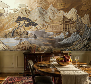 Oriental mountain scene wall mural with pagoda and flowing water, shown in dining room with fruit bowl