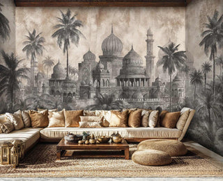 Oriental palace wall mural with palm trees and ornate buildings, displayed in luxury lounge with sectional sofa