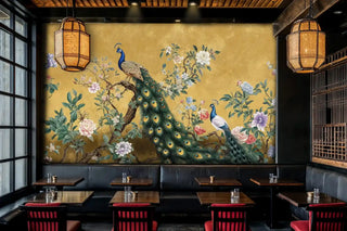 Oriental peacock wallpaper featuring blooming flowers shown in restaurant with bamboo lanterns