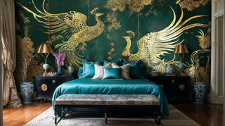Oriental phoenix wallpaper in gold and emerald tones, featured in luxurious bedroom with teal bedding and nightstands