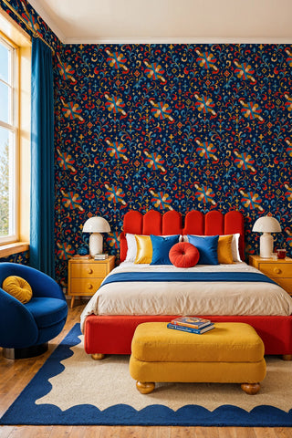 Ornamental angel wallpaper with celestial motifs on deep navy, in a bold bedroom with red headboard