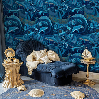 ornamental marine wallpaper with dolphins and whales, showcased in coastal bedroom with golden seashell decor