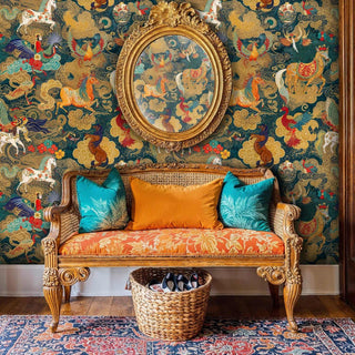 Ornate celestial wallpaper with phoenixes and horses, displayed in elegant entryway with gilded baroque mirror