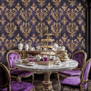 Ornate damask wallpaper in purple and gold tones, displayed in formal dining room with marble table and chairs
