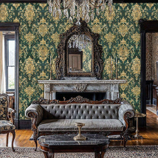 Ornate damask wallpaper with baroque motifs featured in sophisticated living room with tufted grey sofa