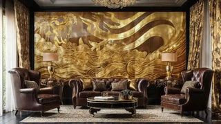 Ornate golden ocean wall mural with waves motifs, displayed in luxurious living room with crystal chandelier