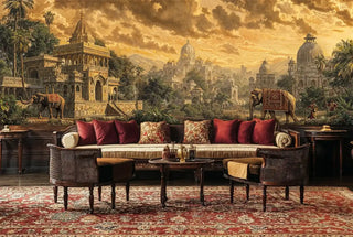 Ornate Indian palace wallpaper with ceremonial elephants displayed in elegant seating area with persian rug
