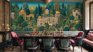 Ornate Mughal wallpaper with golden pavilions and verdant landscape, displayed in formal dining room with brass chandelier