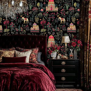 Ornate palace wallpaper with floral motifs and temples shown in luxurious bedroom with crystal chandelier