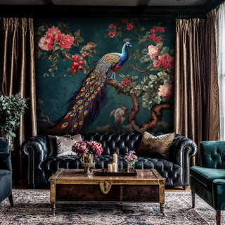 Ornate peacock and rose wall mural with vibrant plumage in classic living room with leather Chesterfield sofa