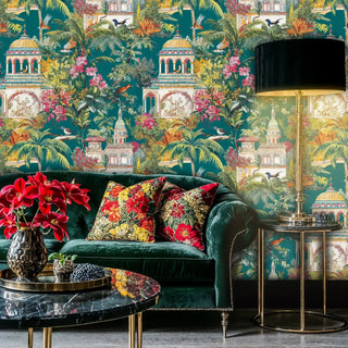Ornate tropical wallpaper featuring pavilions and exotic blooms, shown in opulent living room with marble coffee table