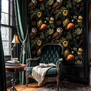 Owl botanical wallpaper with pumpkins, paired with an emerald armchair and drapes