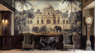 Palace and elephant mural in aged gold and green palette, in a grand entryway with wingback chairs and grandfather clock