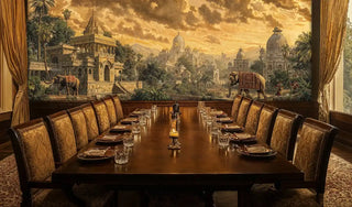Palace elephant wallpaper with ornate Indian architecture shown in formal dining room with wooden table