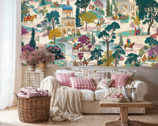 Palace garden mural with riders and domes in teal and beige, shown with white sofa