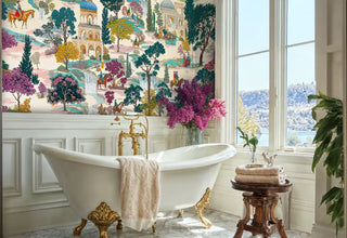 Palace garden mural with riders and pavilions in teal and beige, shown with clawfoot tub
