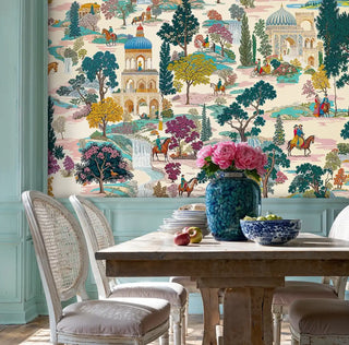 Palace garden mural with riders in teal and beige, shown with cane chairs and blue vase