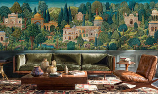 Palace garden wall mural featuring architectural details and wildlife, shown in living room with olive sectional