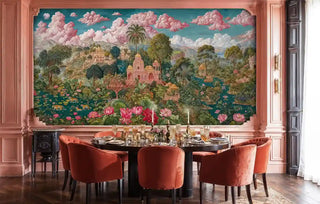 Palace garden wall mural showcasing ornate domes and lotus blooms in coral-toned dining space