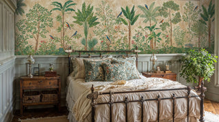 paradise birds wall mural with exotic plants, shown in traditional bedroom with ornate iron bedframe