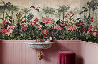 Paradise tropical wallpaper with flamingos and exotic plants in luxurious powder room with marble sink and pink accents