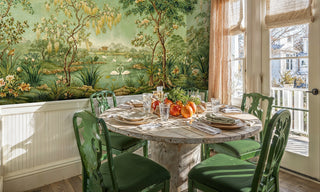 Pastoral botanical wall mural featuring lake scene in casual dining nook with rustic round table