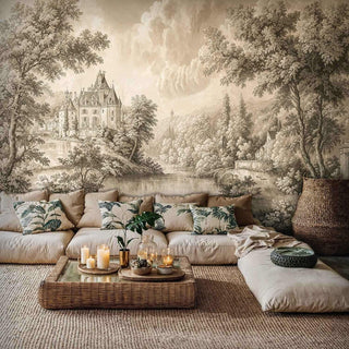 Pastoral chateau wall mural with trees and stonework, displayed in cozy living room with tropical accent pillows