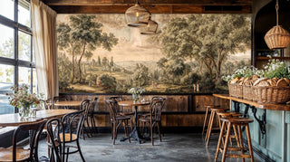 Pastoral countryside mural in warm earth tones, featured in rustic dining space with wicker pendant lights