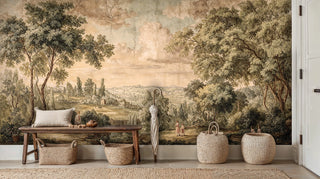 Pastoral countryside wall mural with rolling landscape, featured in minimalist entryway with wooden bench