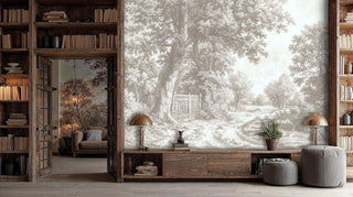 Pastoral countryside wallpaper with ancient trees and wooden gate in sepia tones, displayed in rustic study