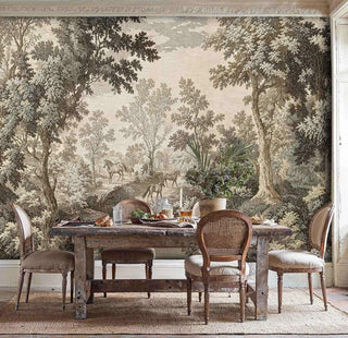 Pastoral horse wallpaper featuring grazing horses in sepia woodland grove, displayed in elegant dining room