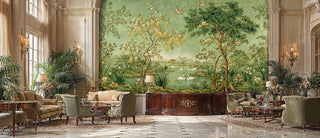 Pastoral lake wall mural with swans, golden willows and botanicals in elegant formal living room with columns