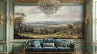 Pastoral landscape wall mural featuring green fields and distant views, shown in luxurious living room